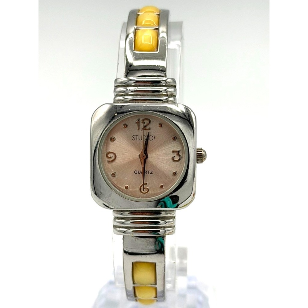 Studio Time Women's Bangle Cuff Watch Silver Tone Cream Inlay Pink Dial Quartz